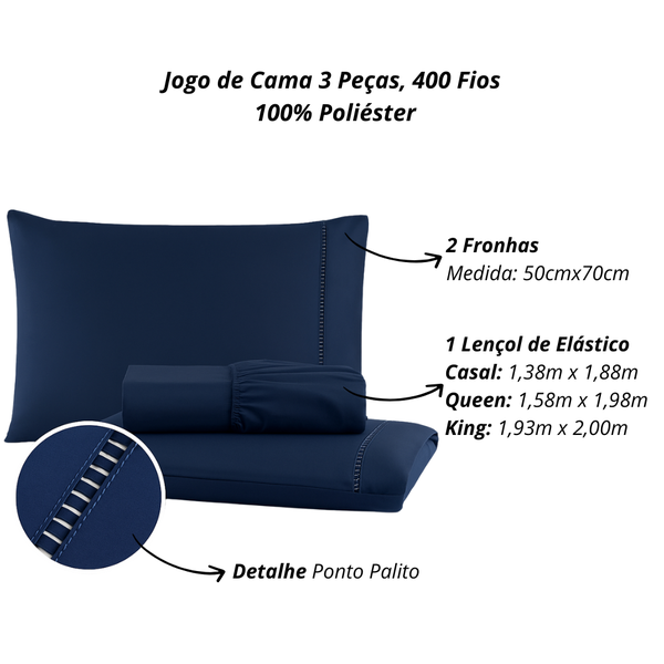 Kit Jogo de Lençol Queen 400 Fios 3 Peças Toque Aveludado